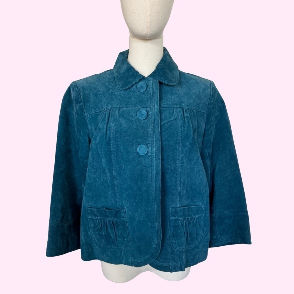 VTG Chico's Genuine Suede Teal Cropped Pea Coat Style Exaggerated Button Jacket